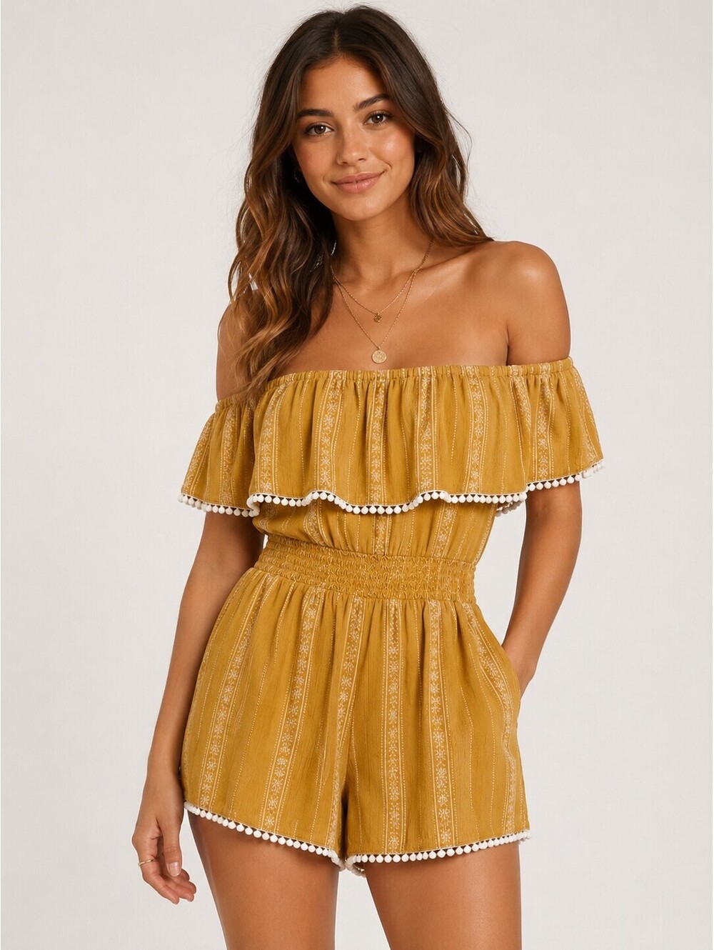 Lulus XS Mustard Yellow Off Shoulder Boho Pom Pom Romper Rayon